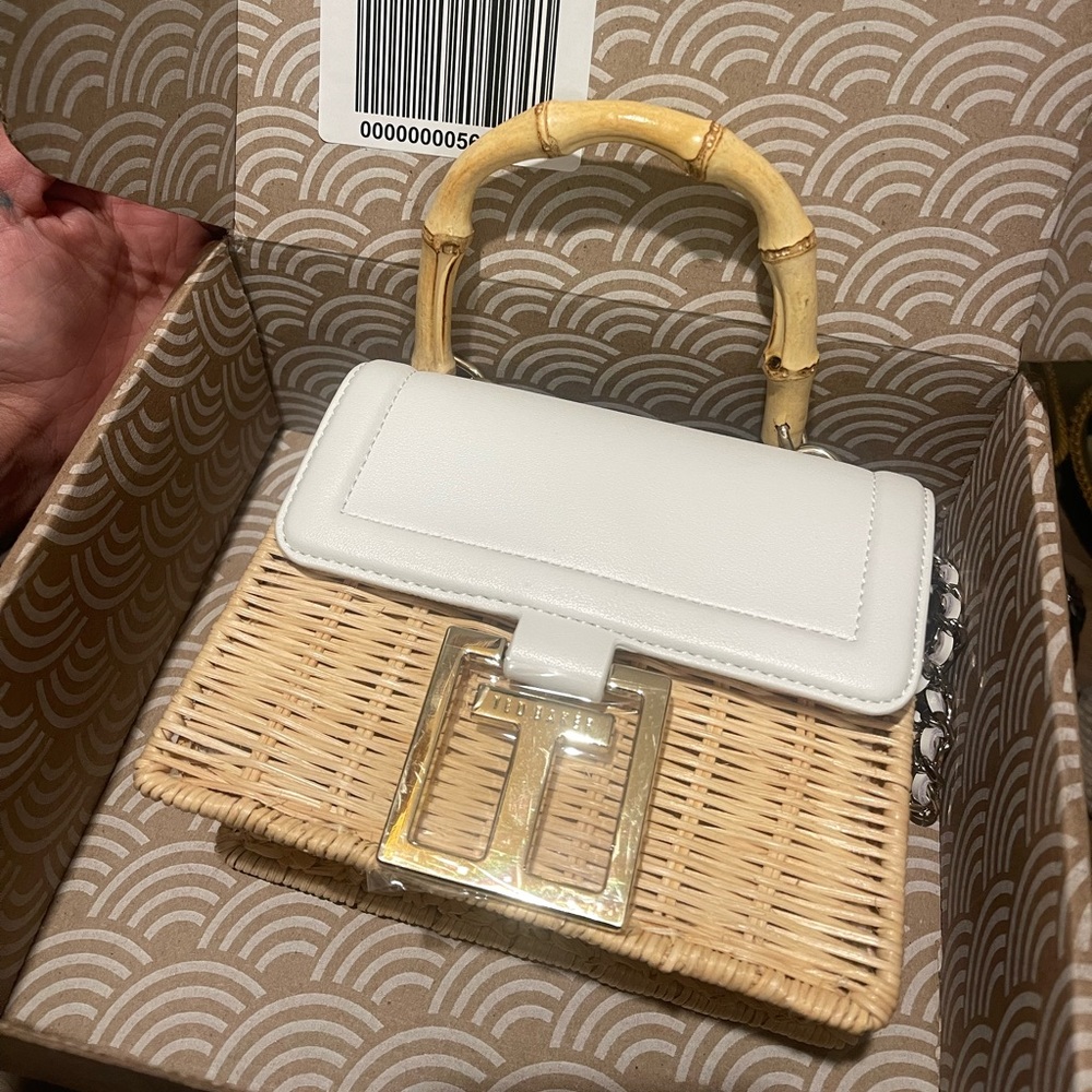Ted Baker White and Tan Mini Bag with Woven Rattan and Leather